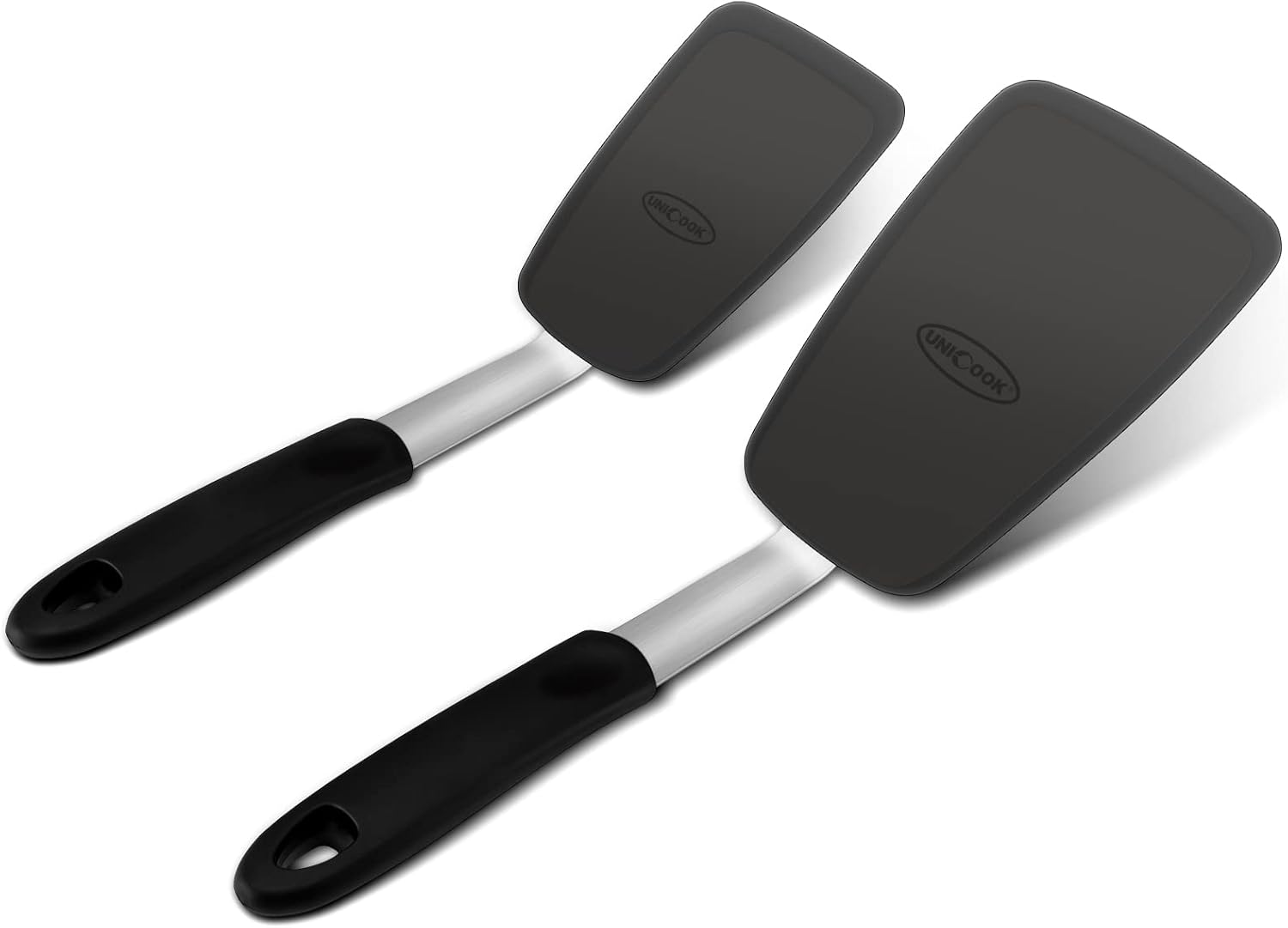 Two black silicone spatula turners for folding and lifting Reindeer Chow