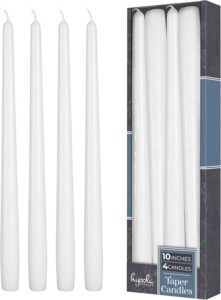 Four tall white unscented dripless taper candles