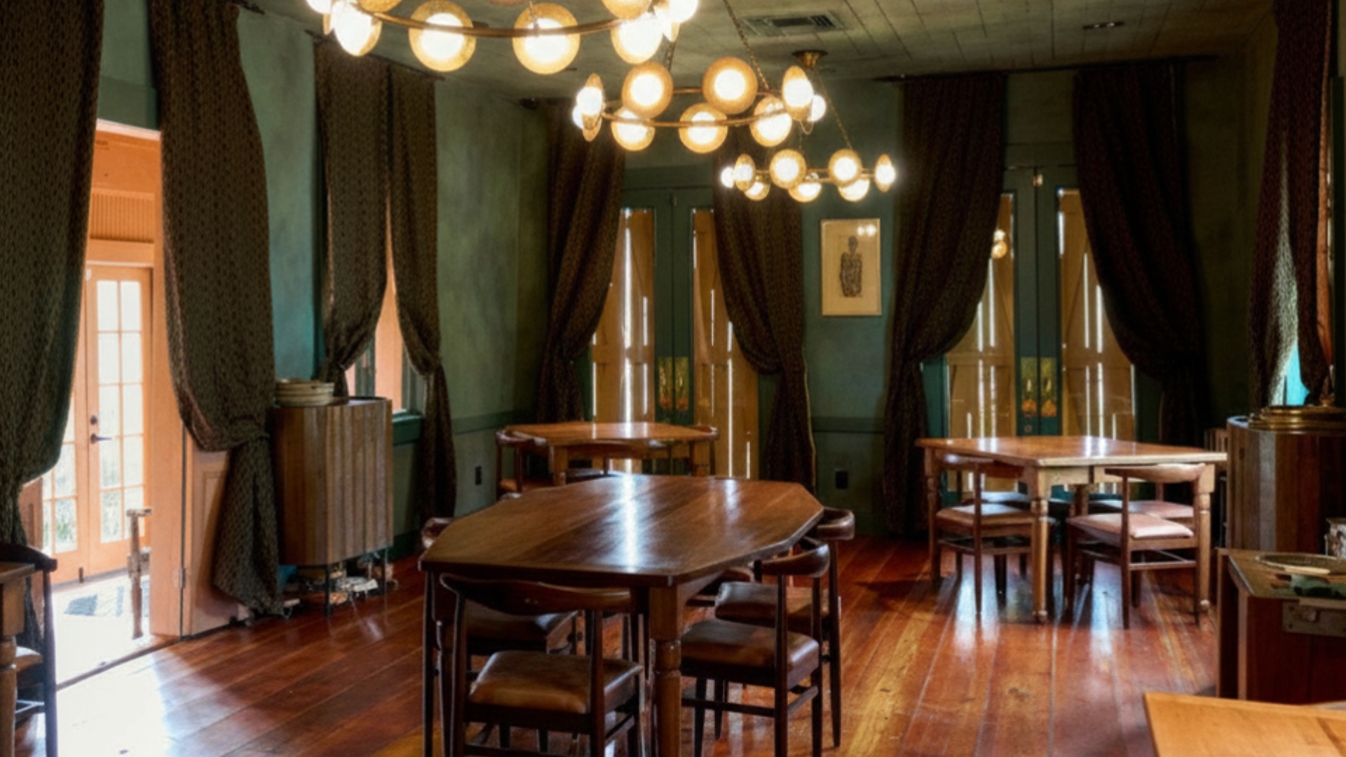 The intimate dining room at Dakar NOLA with deep green walls and warm chandeliers