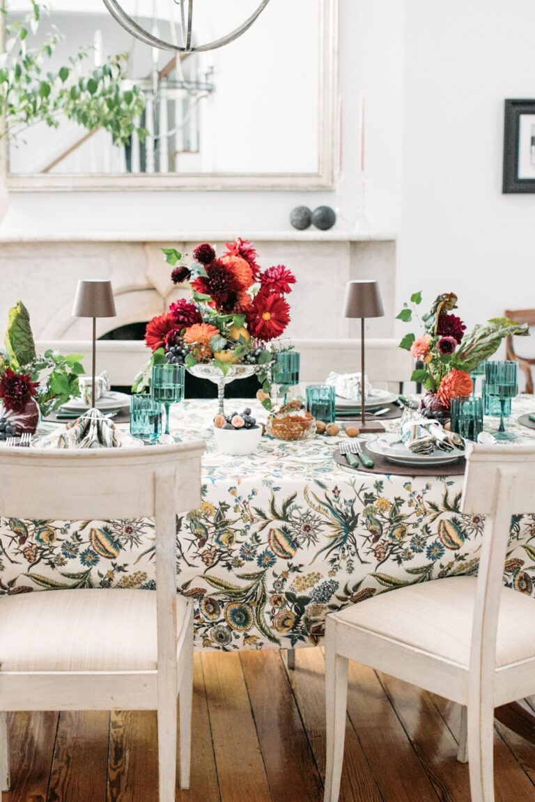 Tuckernuck Sharp Floral Tablecloth on a dining table set for fall entertaining
